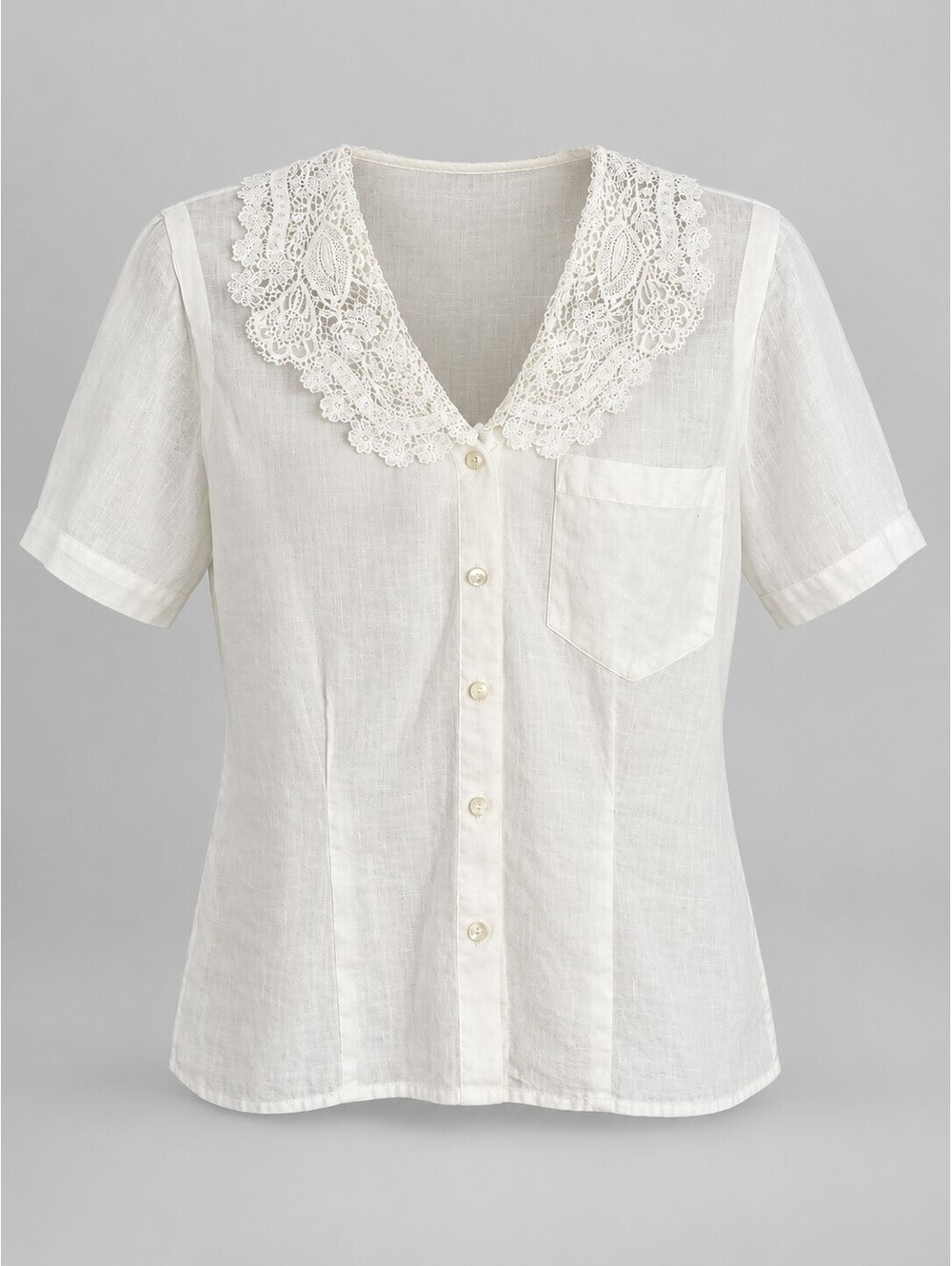 Vintage Ralph Lauren Women's L White 100% Linen Lace Collar Blouse